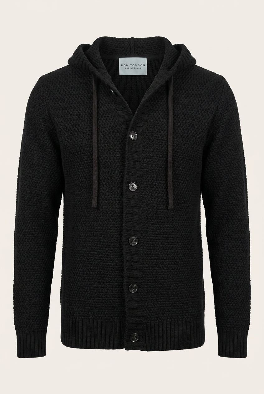 Men's Waffle Knit Button-Up Cardigan – Black