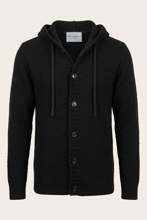 Men's Waffle Knit Button-Up Cardigan – Black