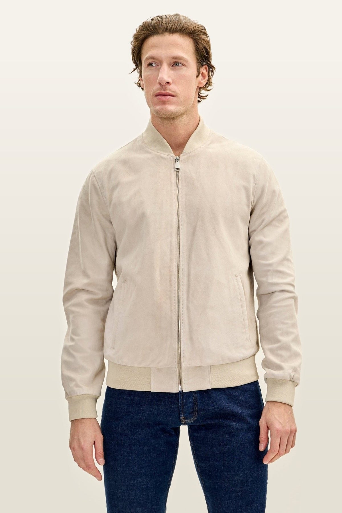 Men's Suede Classic Bomber Jacket Soft – Beige