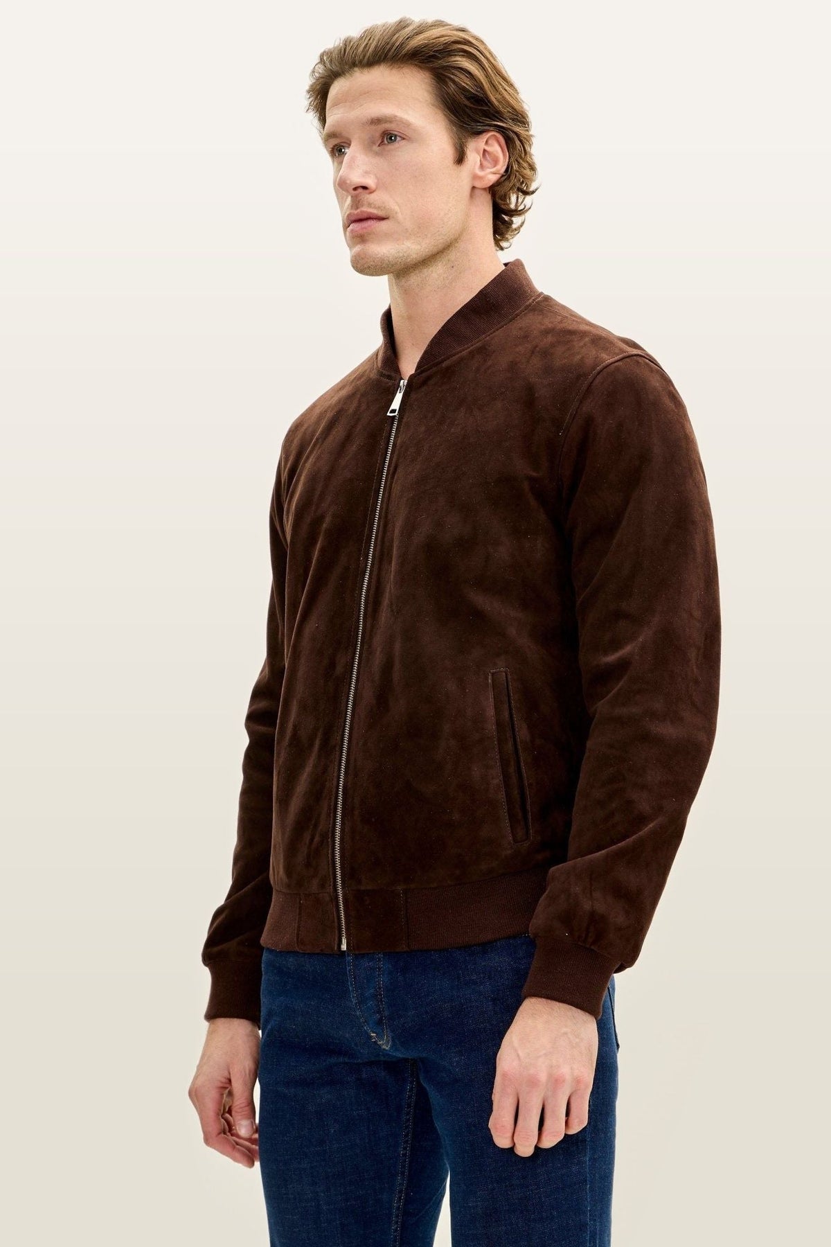 Men's Suede Classic Bomber Jacket Soft – Chocolate Brown