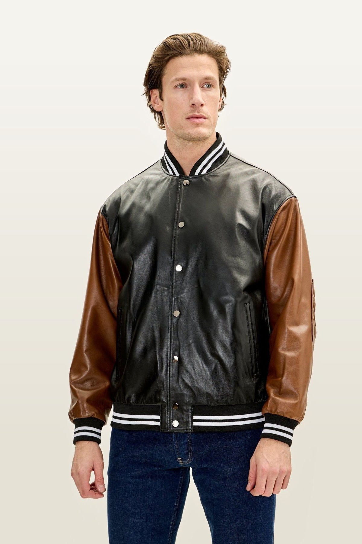 Men's Two-Tone Varsity Jacket – Black Brown