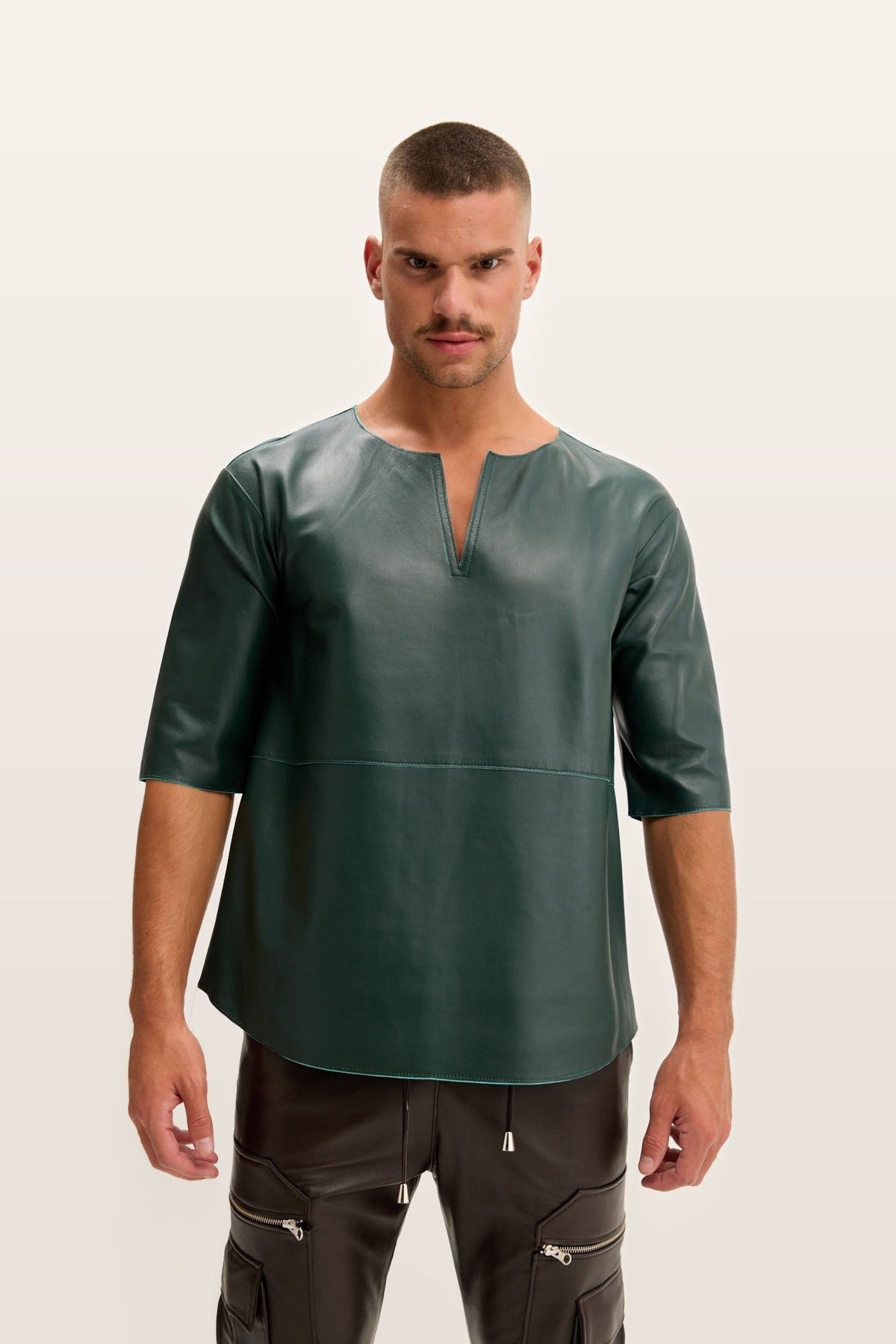 Men's Faux Leather V-Neck Shirt – Green