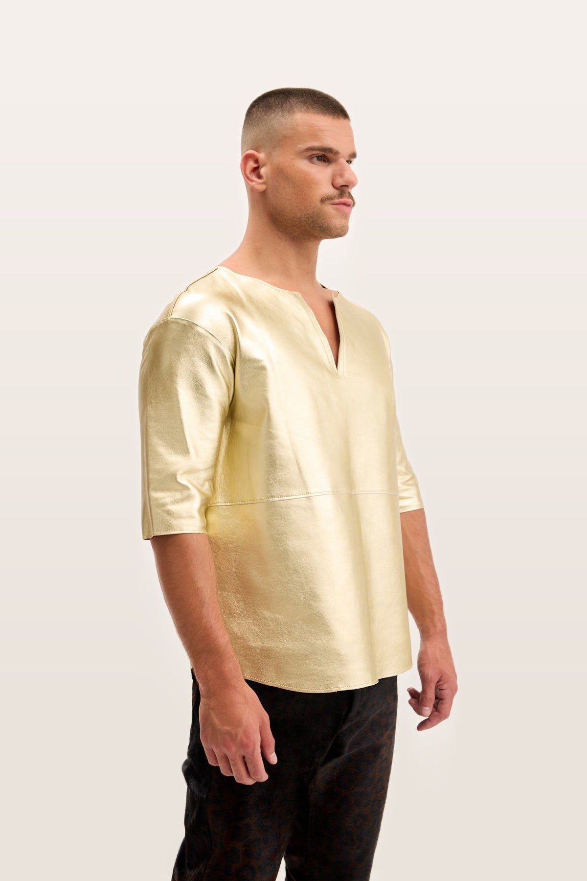 Men's Faux Leather V-Neck Shirt – detail