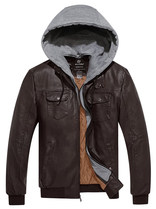Men's Faux Leather Hooded Moto Jacket – Dark Brown