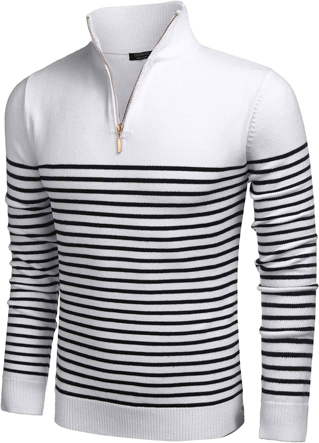 Men's Soft Drape Mock Neck Striped Zip-Up Sweater – White