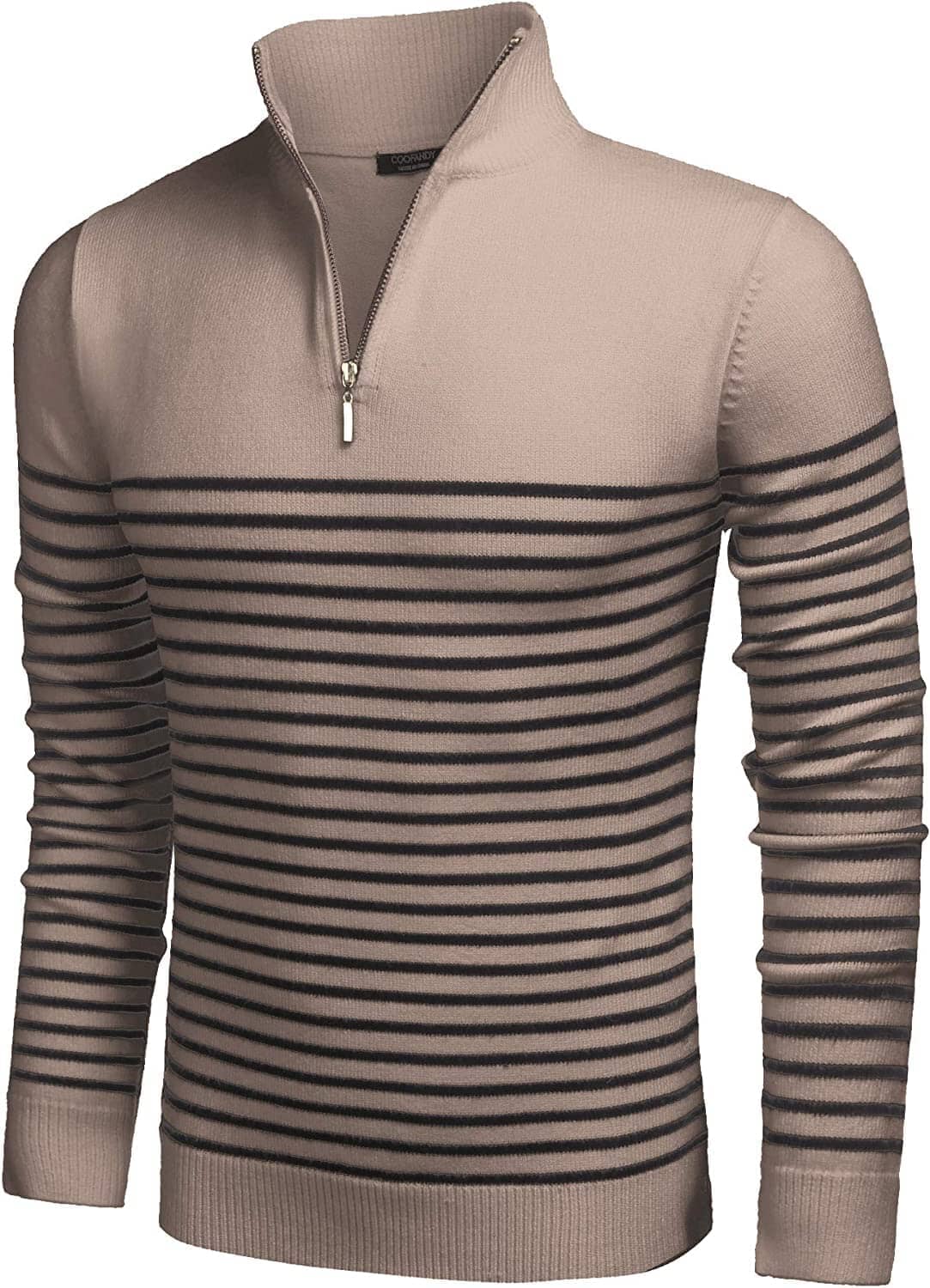Men's Soft Drape Mock Neck Striped Zip-Up Sweater – Khaki