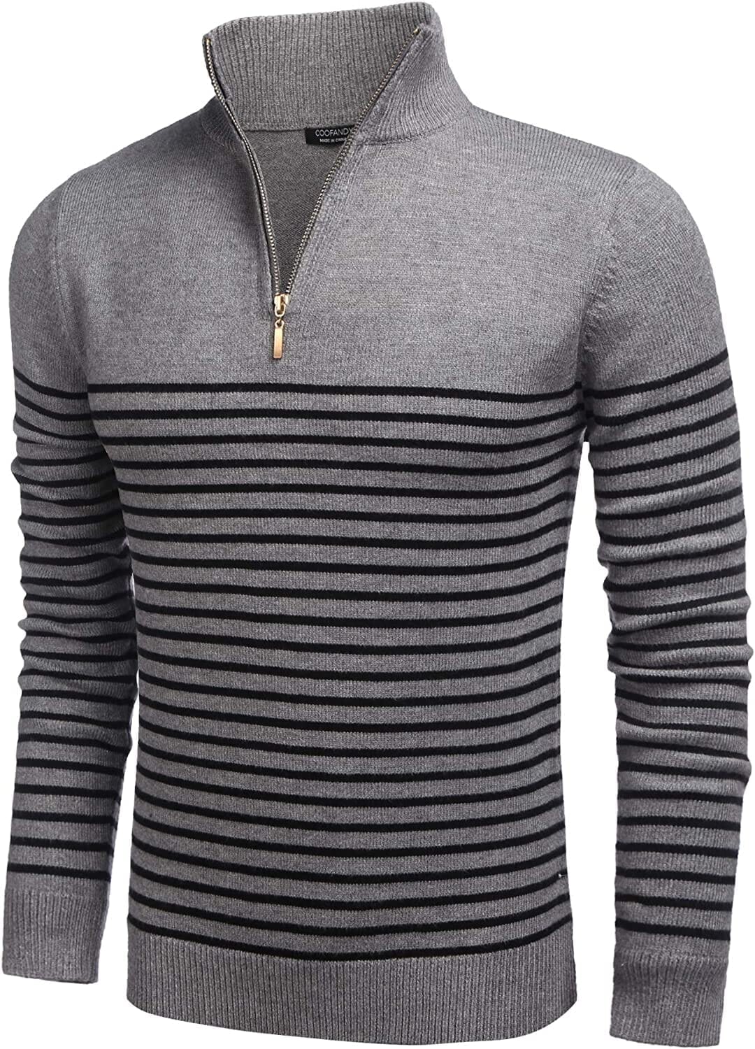 Men's Soft Drape Mock Neck Striped Zip-Up Sweater – Gray