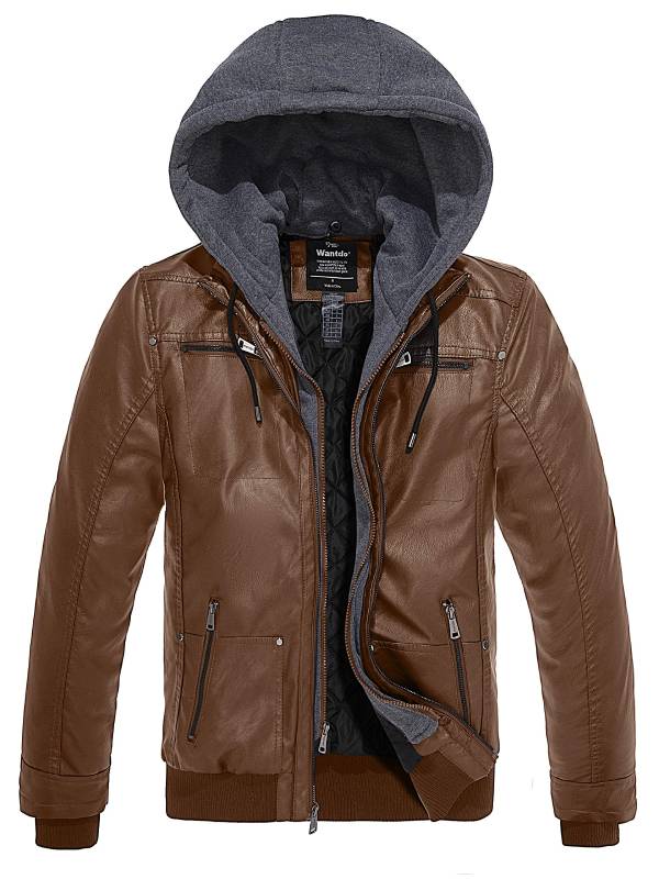 Men's Faux Leather Hooded Jacket – Brown