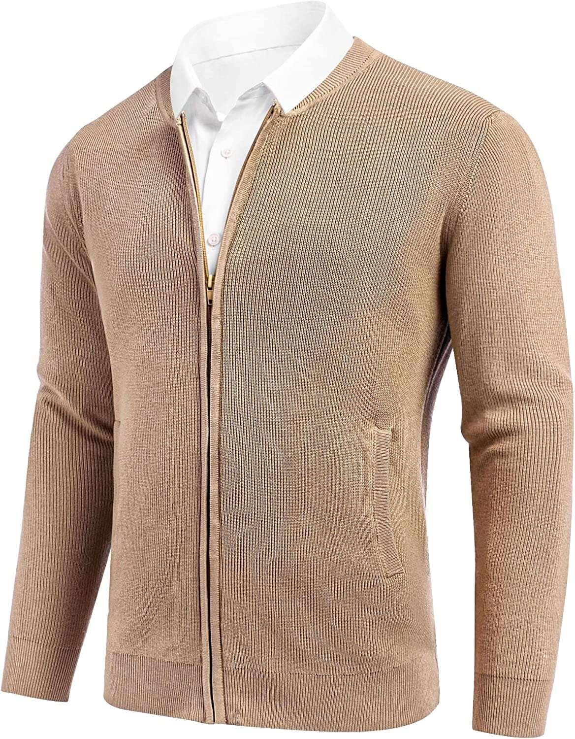 Men's Knit Full-Zip Slim-Fit Pocketed Cardigan – Khaki