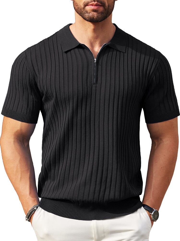 Men's Ribbed Stretch Casual Knit Polo Sweater – Black