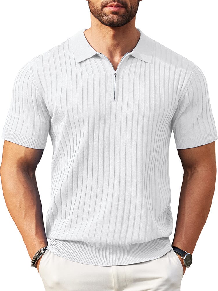 Men's Ribbed Stretch Casual Knit Polo Sweater – White