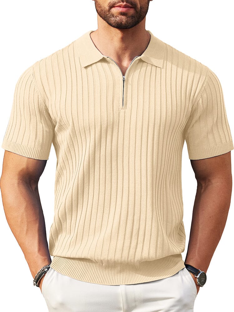 Men's Ribbed Stretch Casual Knit Polo Sweater – Beige