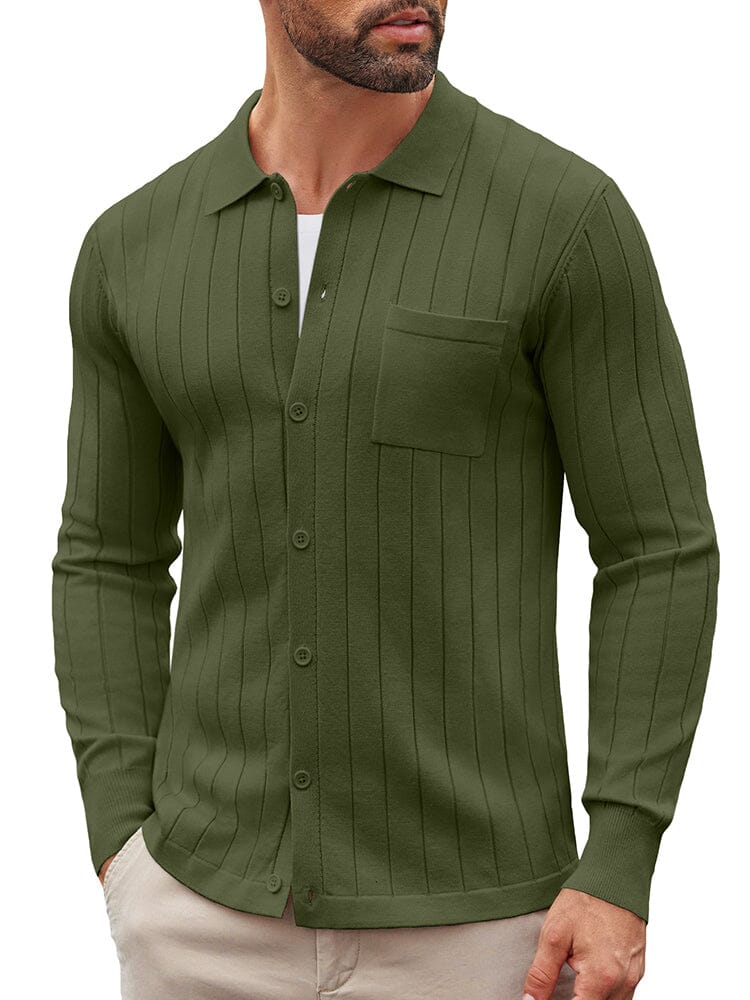 Men's Ribbed Knit Casual Cardigan – Army Green