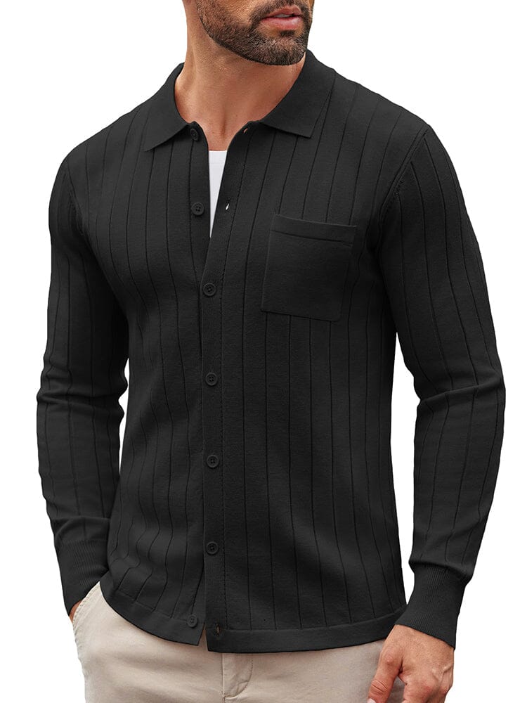 Men's Ribbed Knit Casual Cardigan – Black
