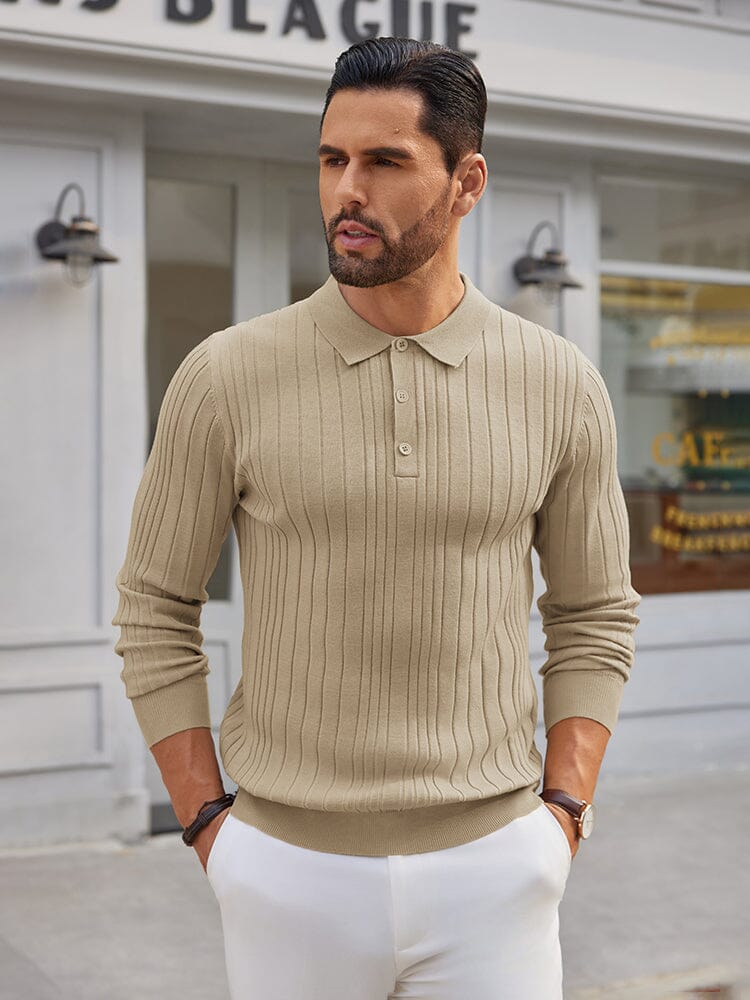 Men's Ribbed Knit Polo Sweater – Khaki