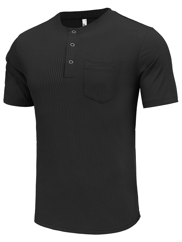 Men's Ribbed Knit Stretch Henley Top – Black