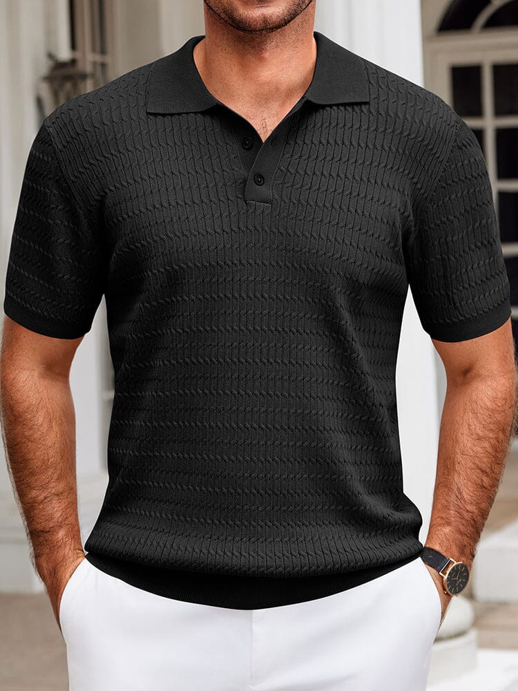 Men's Knit Textured Casual Knit Polo Sweater – Black