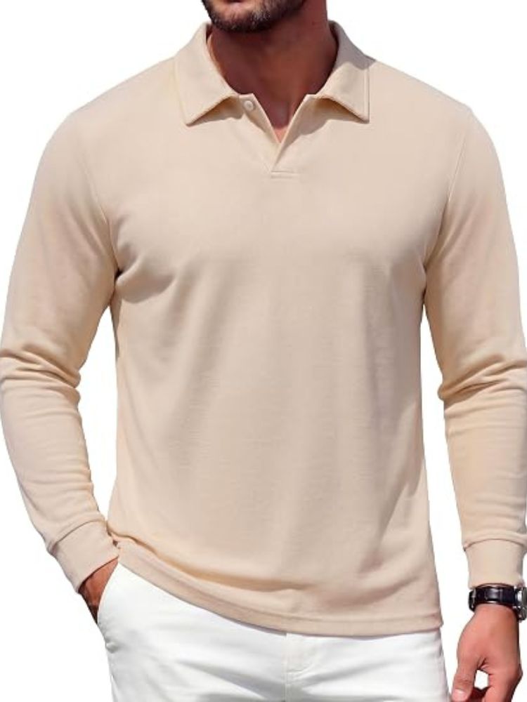 Men's Knit V-Neck Knit Polo Sweater – Beige