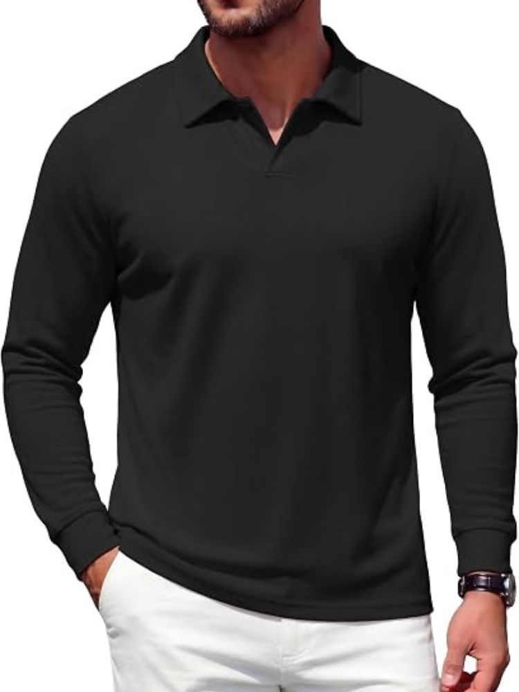 Men's Knit V-Neck Knit Polo Sweater – Black