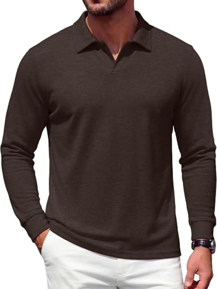 Men's Knit V-Neck Knit Polo Sweater – Brown