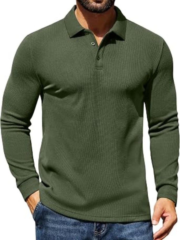 Men's Waffle Casual Knit Polo Sweater – Army Green