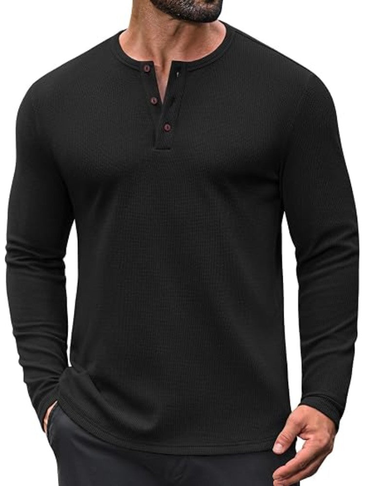 Men's Waffle Knit Casual Henley Sweater – Black