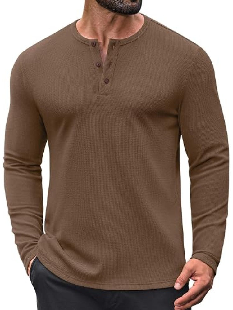 Men's Waffle Knit Casual Henley Sweater – Brown