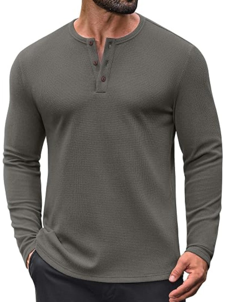 Men's Waffle Knit Casual Henley Sweater – Dark Gray