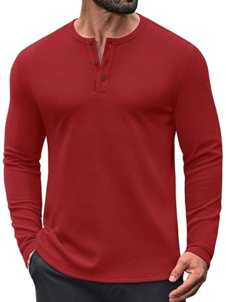 Men's Waffle Knit Casual Henley Sweater – Dark Red