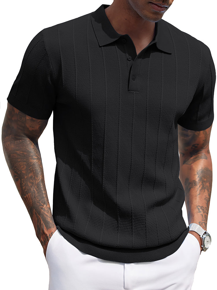 Men's Ribbed Knit Textured Knit Polo Sweater – Black