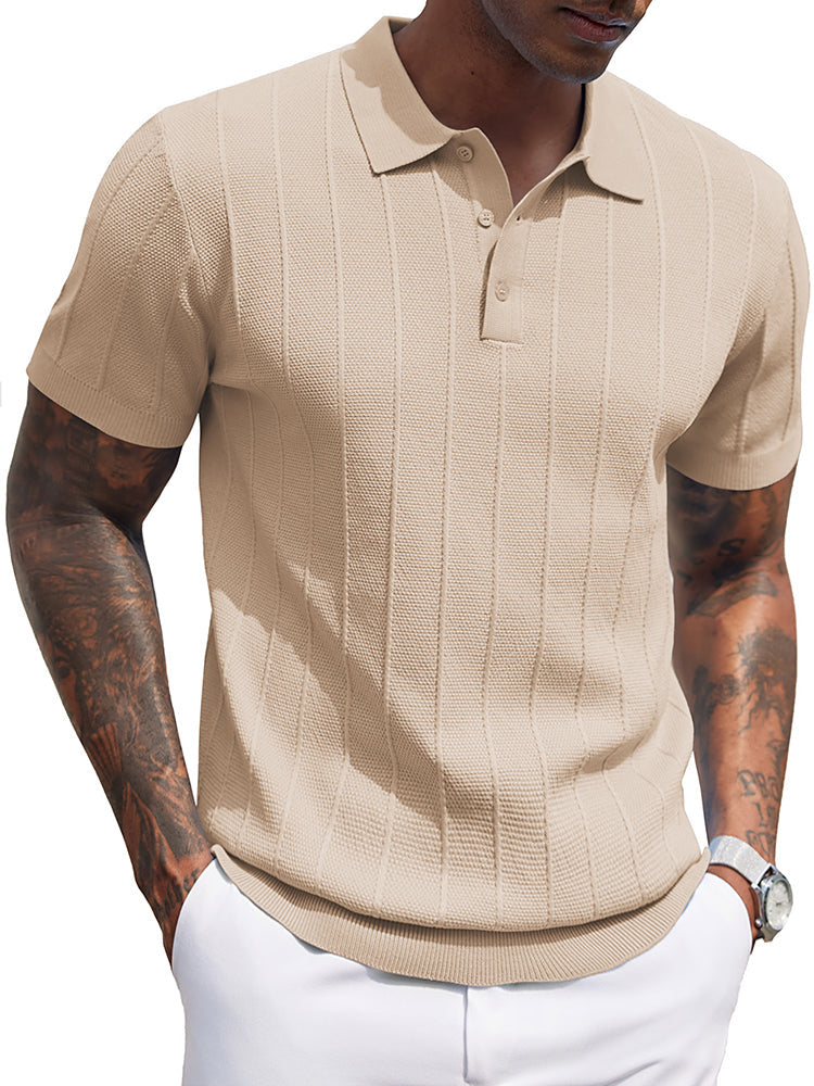 Men's Ribbed Knit Textured Knit Polo Sweater – Light Khaki