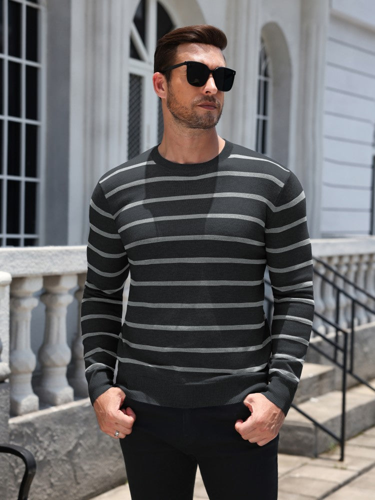 Men's Long Sleeve Striped Knit Crew Neck Sweater