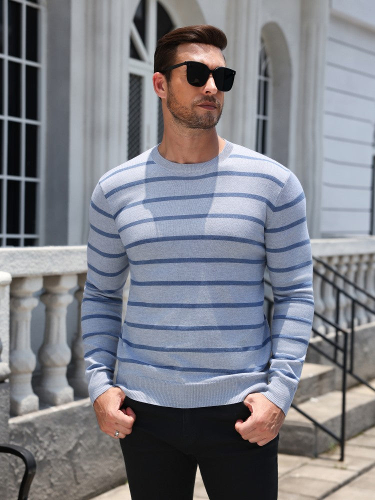 Men's Knit Striped Crew Neck Sweater – Light Gray