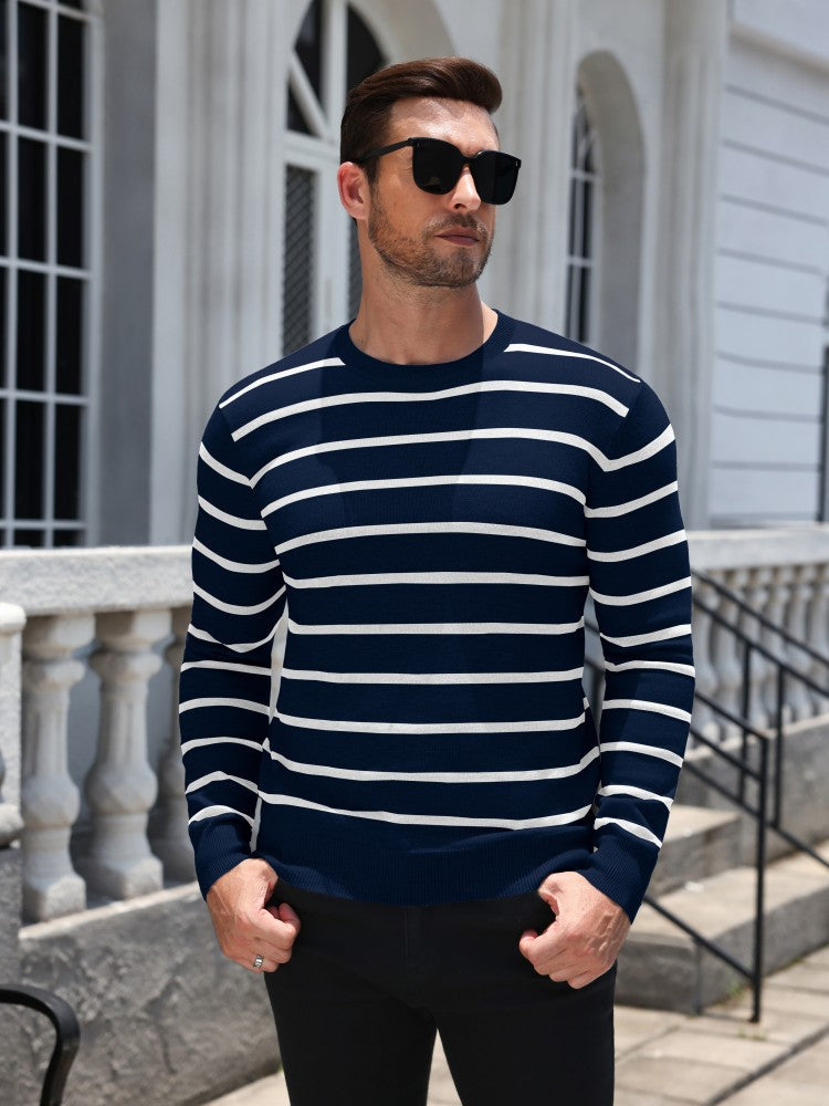 Men's Knit Striped Crew Neck Sweater – Navy Blue
