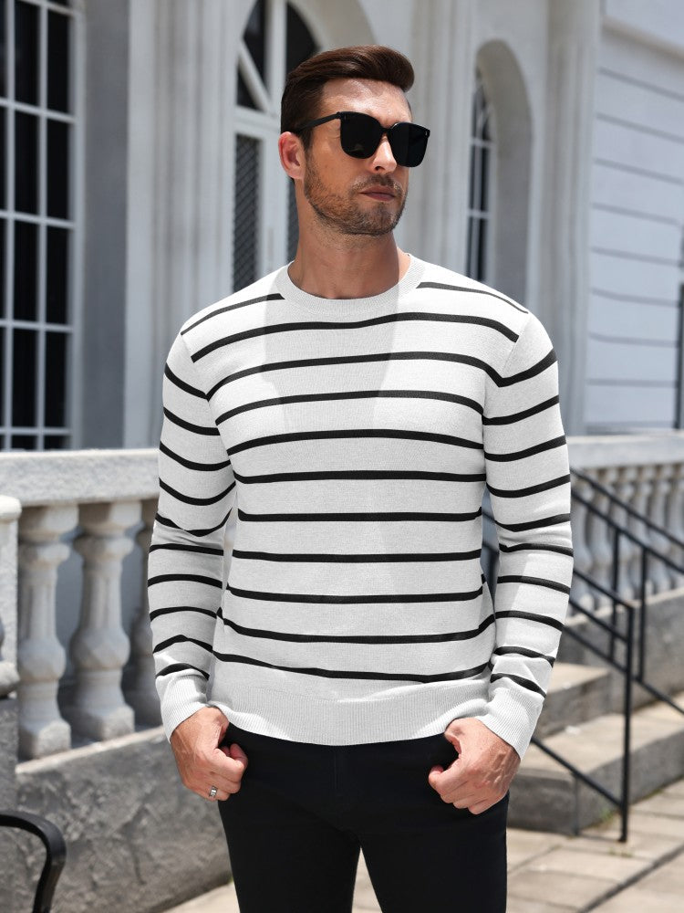 Men's Knit Striped Crew Neck Sweater – White