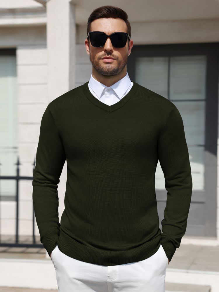 Men's Knit V-Neck Sweater – Army Green