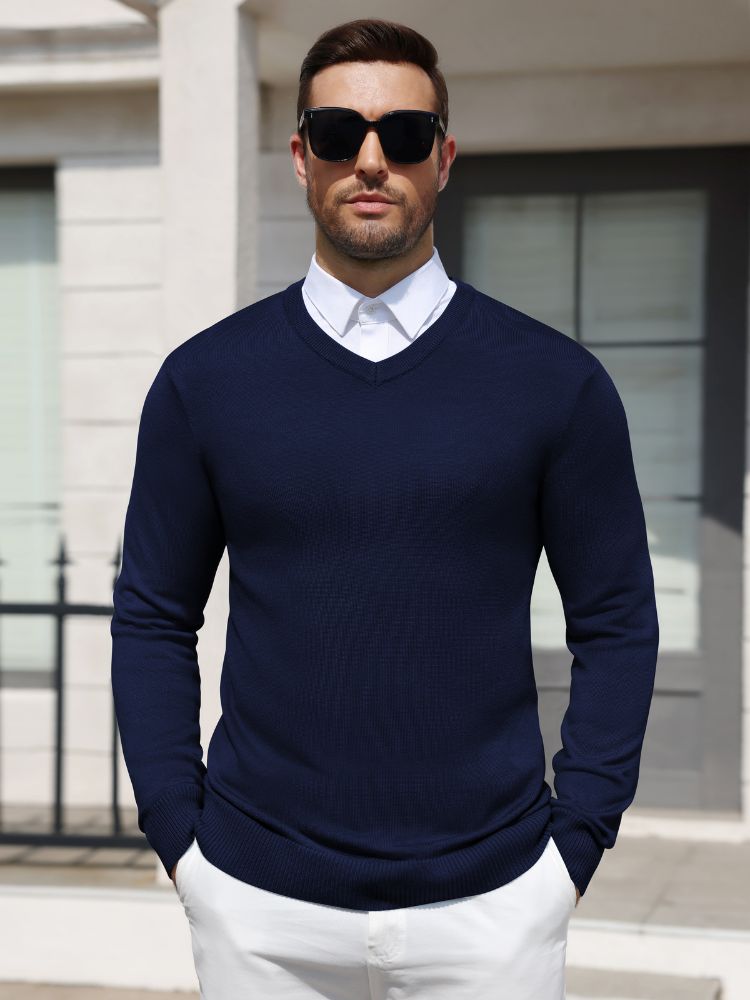 Men's Knit V-Neck Sweater – Blue