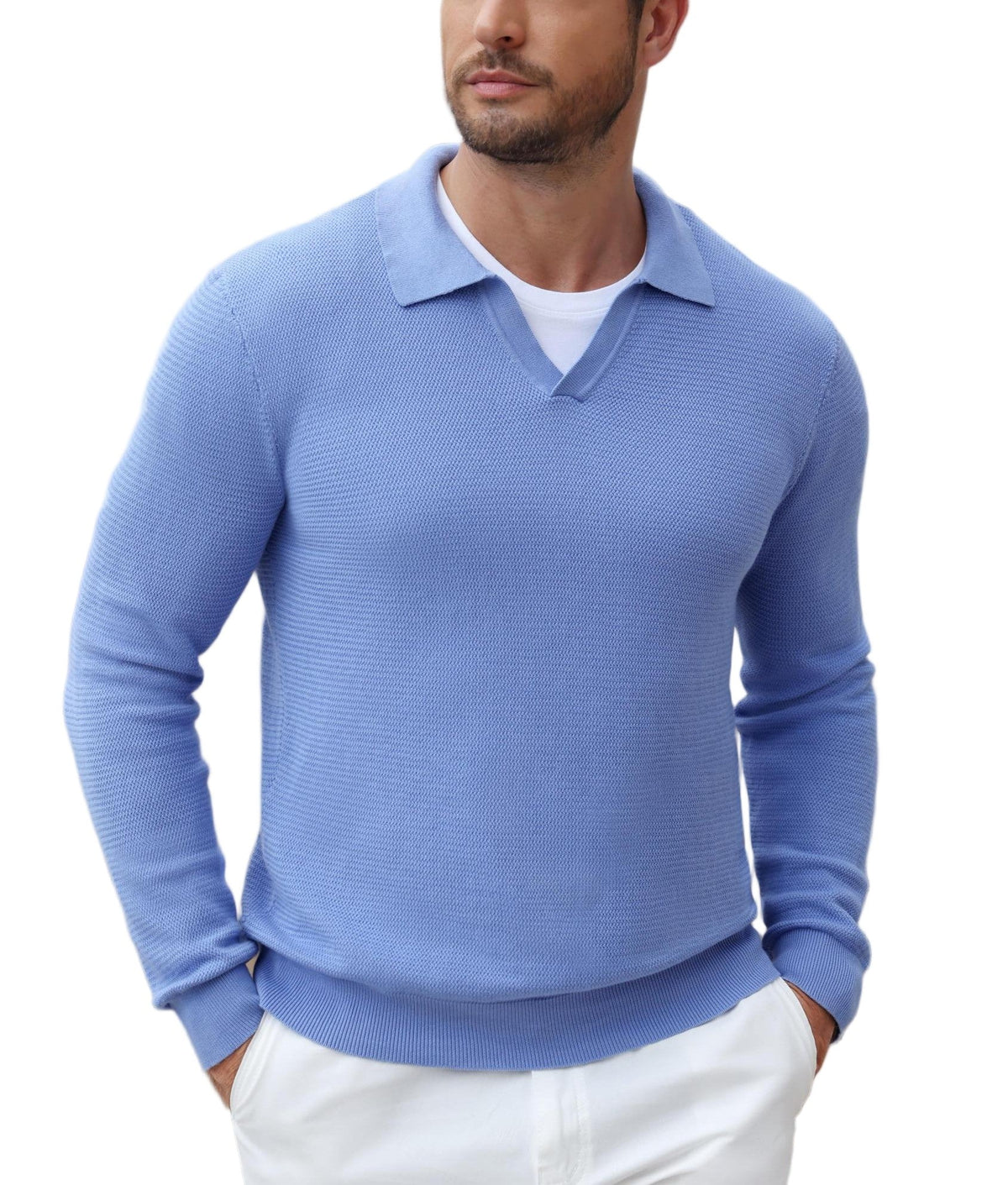 Men's V-Neck Textured Knit Polo Sweater – Blue
