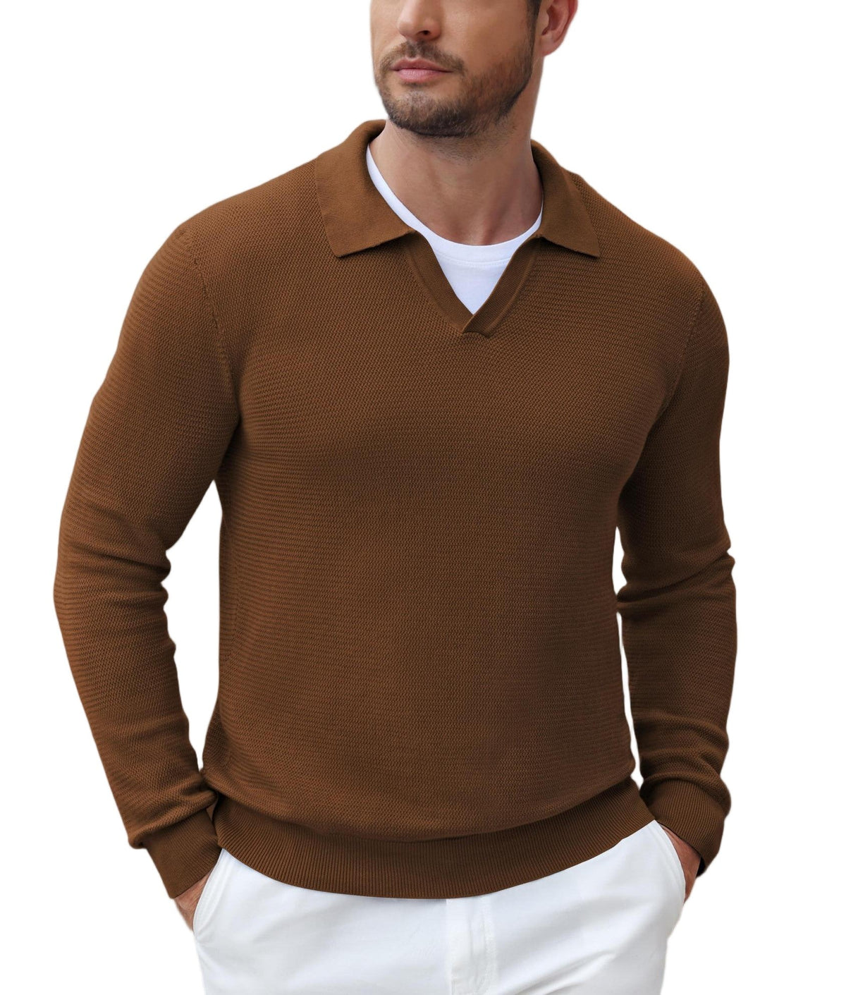 Men's V-Neck Textured Knit Polo Sweater – Brown