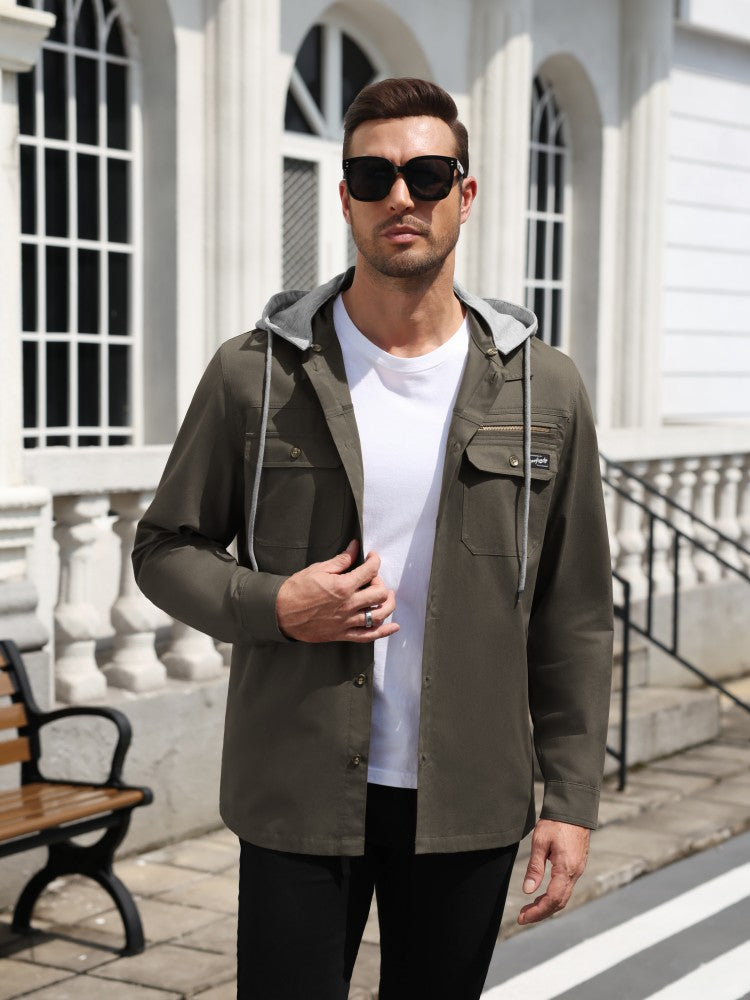 Men's Cotton Hooded Button-Down Cargo Shirt Jacket – Olive Green