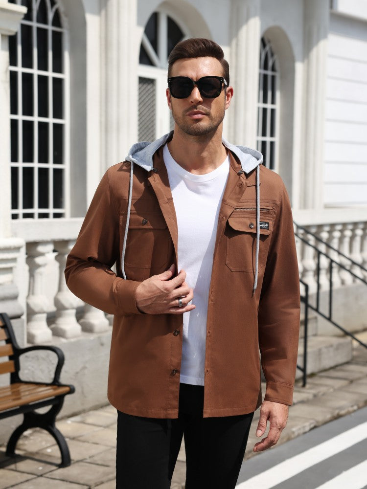 Men's Cotton Hooded Button-Down Cargo Shirt Jacket – Brown