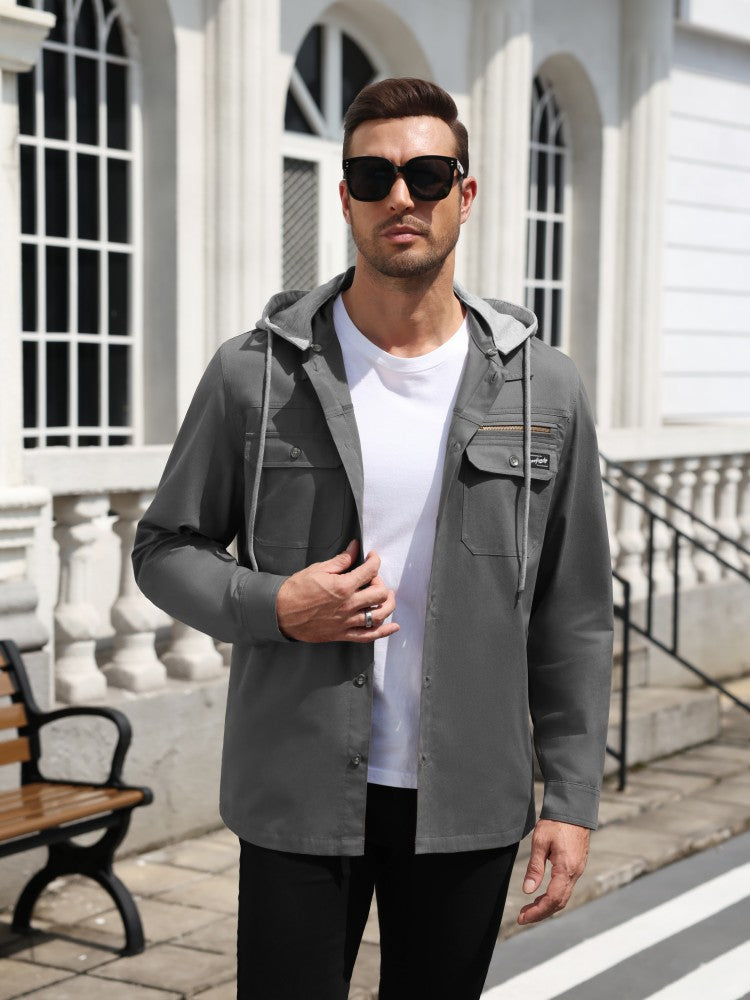 Men's Cotton Hooded Button-Down Cargo Shirt Jacket – Dark Gray