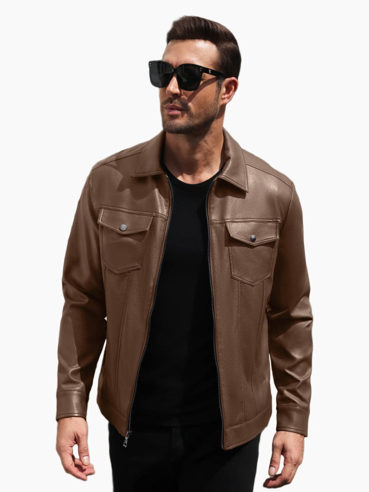 Men's Faux Leather Lightweight Moto Jacket – Brown