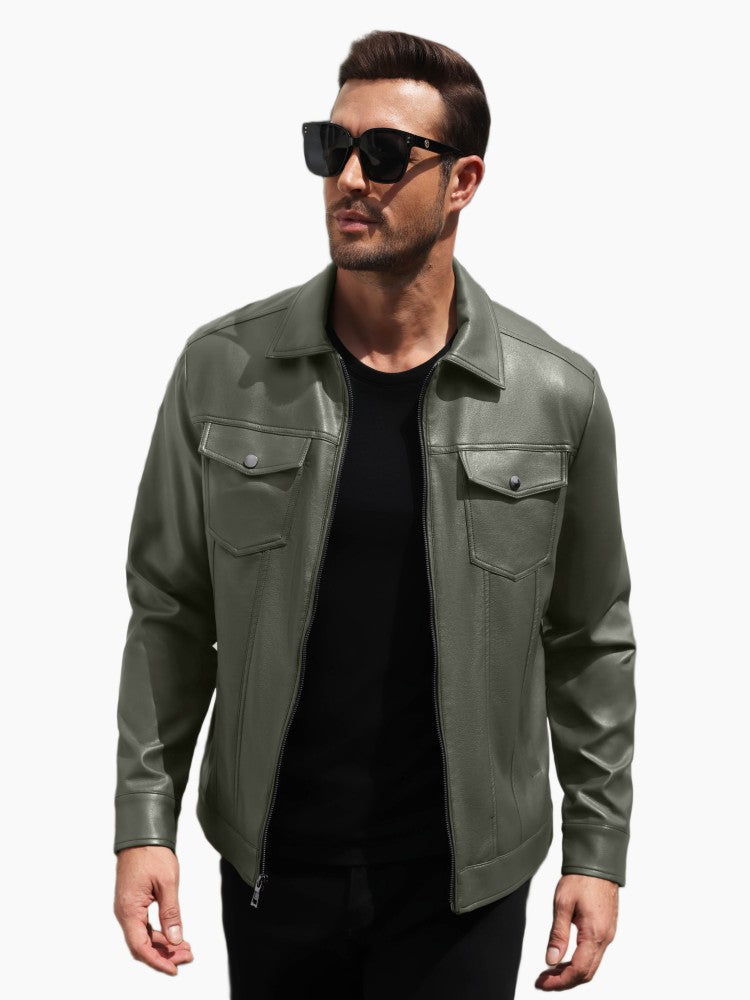 Men's Faux Leather Lightweight Moto Jacket – Dark Green
