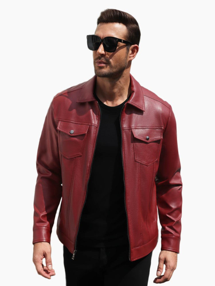 Men's Faux Leather Lightweight Moto Jacket – Wine Red