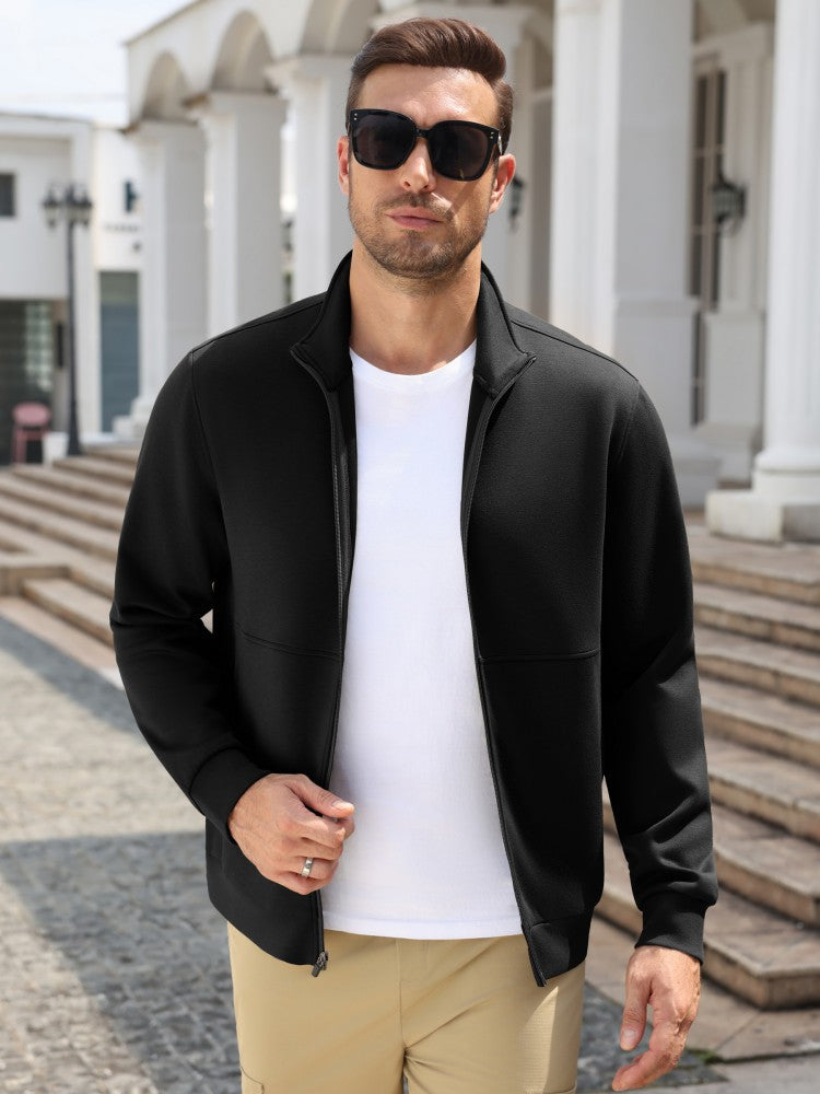 Men's Knit Full-Zip Stand Collar Lightweight Jacket – Black