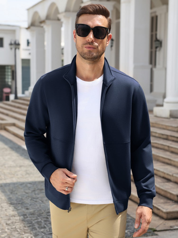 Men's Knit Full-Zip Stand Collar Lightweight Jacket – Navy Blue