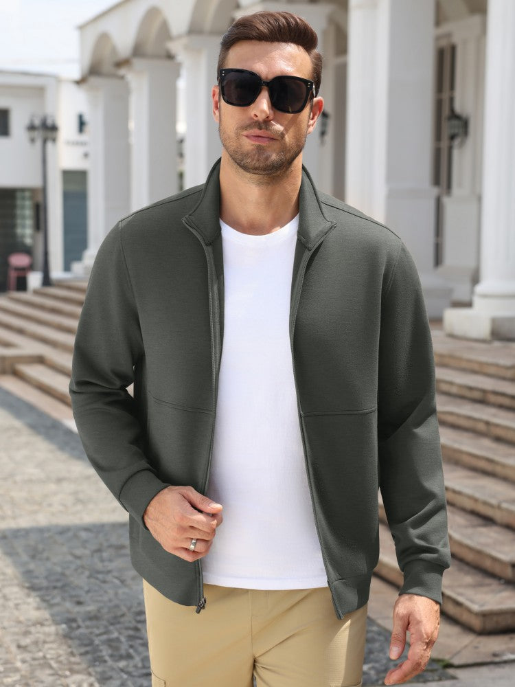 Men's Knit Full-Zip Stand Collar Lightweight Jacket – Dark Gray