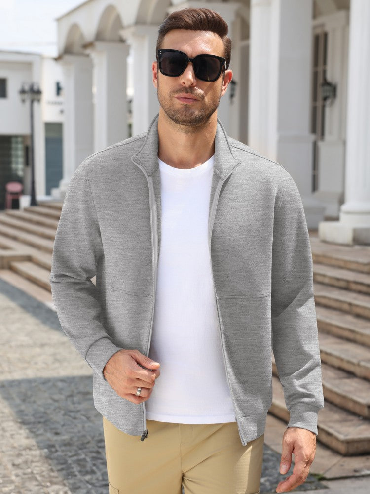 Men's Knit Full-Zip Stand Collar Lightweight Jacket – Light Gray