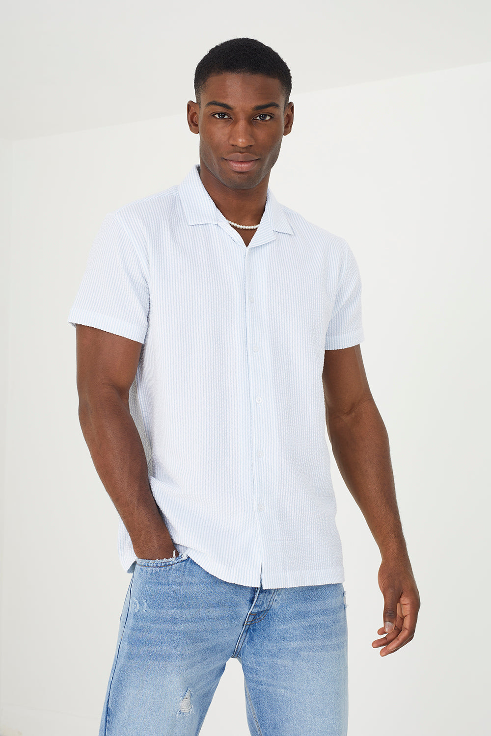 Men's Cotton Short Sleeve Revere Collar Shirt – Blue